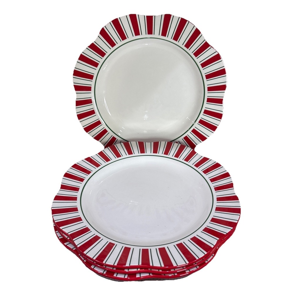 Pier 1 One Candy Cane 11" Dinner Plate Scalloped Edge, Hand Painted Ironstone
